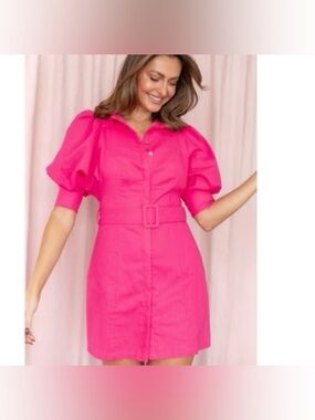Petal & Pup Hannah Linen Blend Mini Dress Button Front Hot Pink Size 4 New